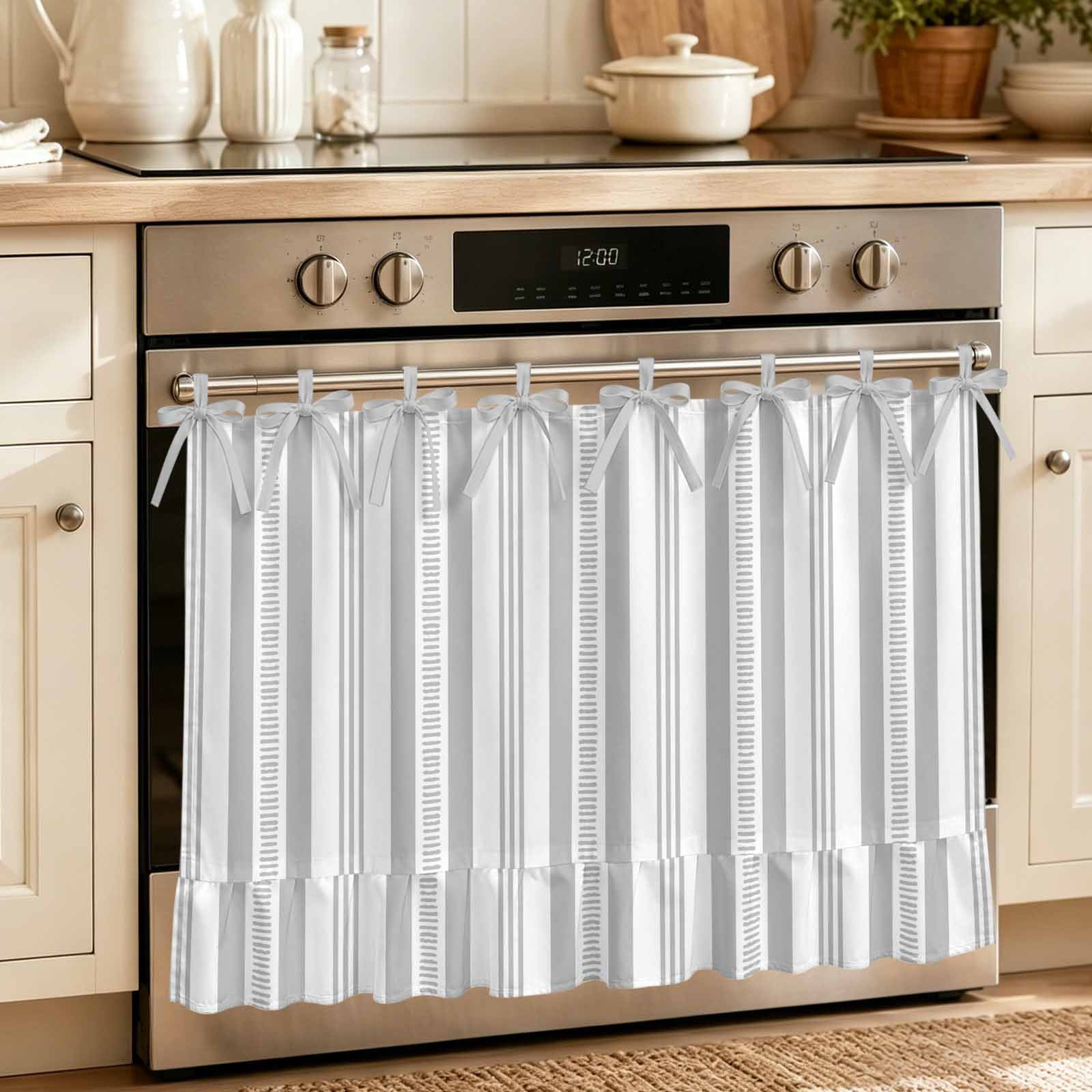 Grey Striped Oven Skirt for Farmhouse Kitchen D&eacute;cor Modern Farmhouse Geometric Thine Stripes Oven Curtain Tie Top Decorative Stove Skirt Cabinet Dish Washer Curtains with 8 Ribbon Ties 27 x20