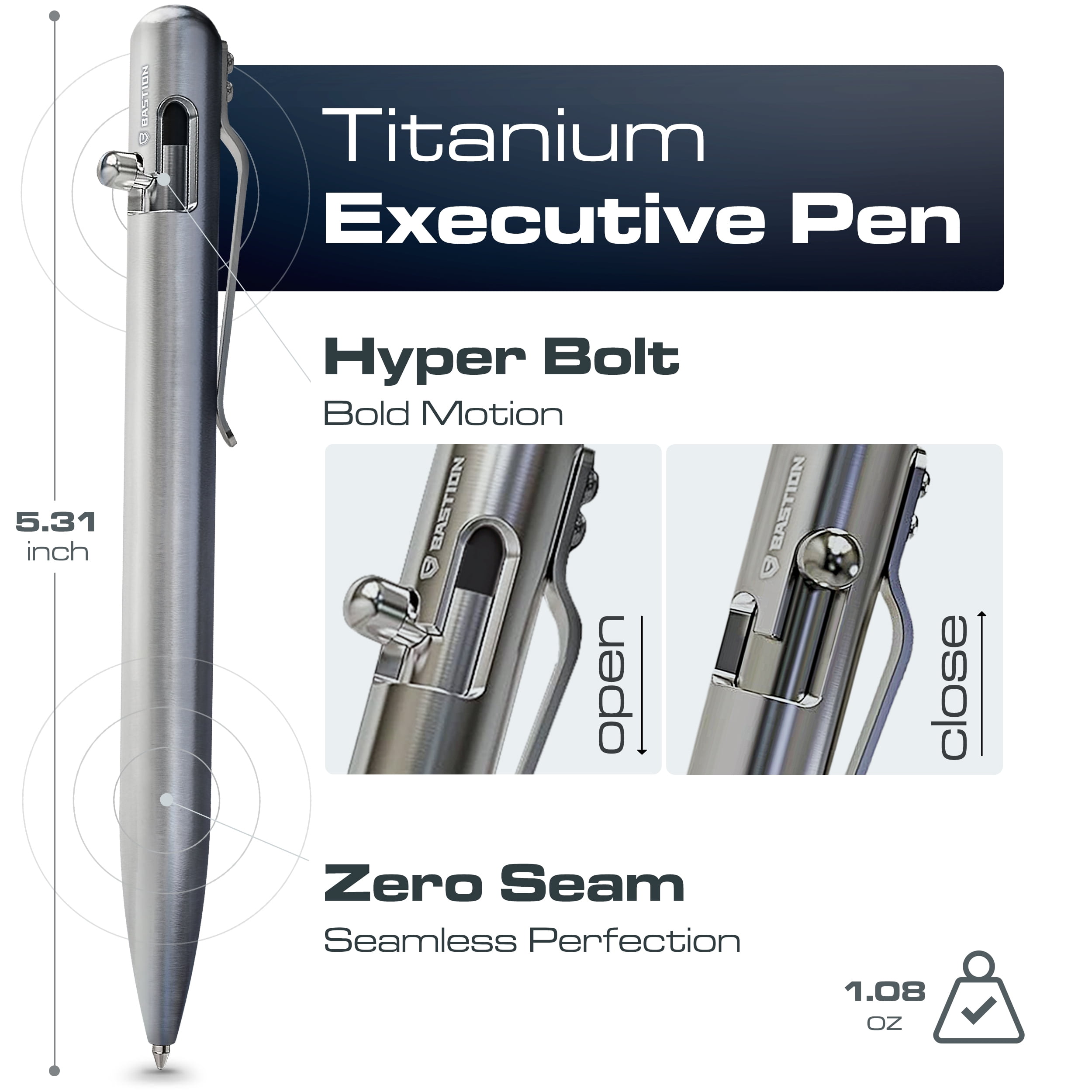 Bastion Titanium Bolt Action Pen, Ballpoint Refillable, 1 Count