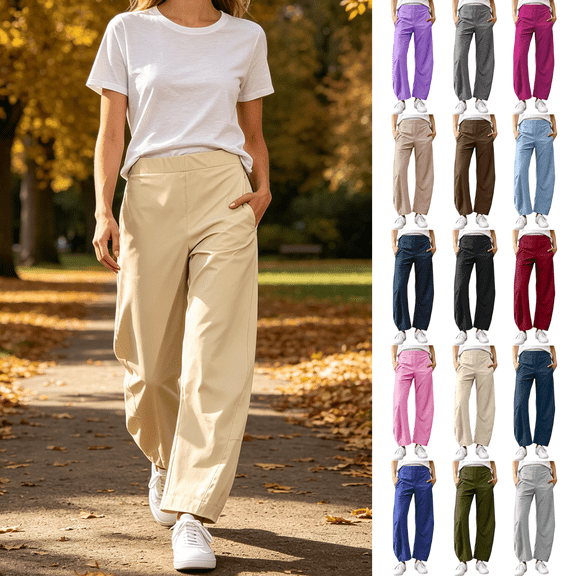 Barrel Travel Pants for Women, Elastic Waist Baggy Ankle Pants with Pockets, Relaxed Fit, Casual Fall Workout Gym Wear | VerBelle,Army Green L