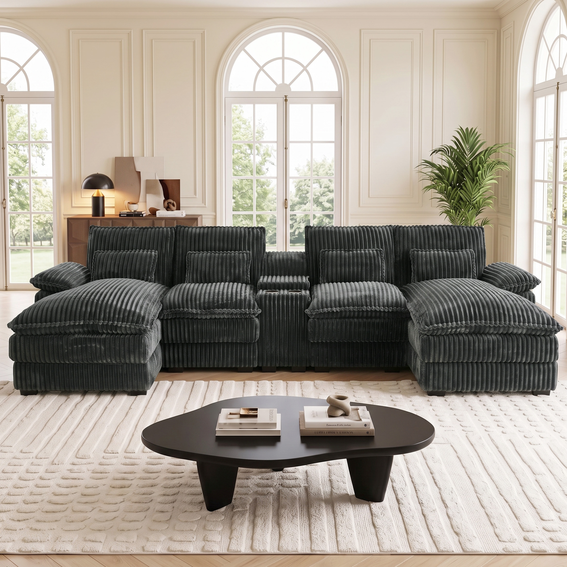 Aenkyo 125 Inch Corduroy U-Shaped Sectional Sofa with Console and USB Ports, Dark Gray