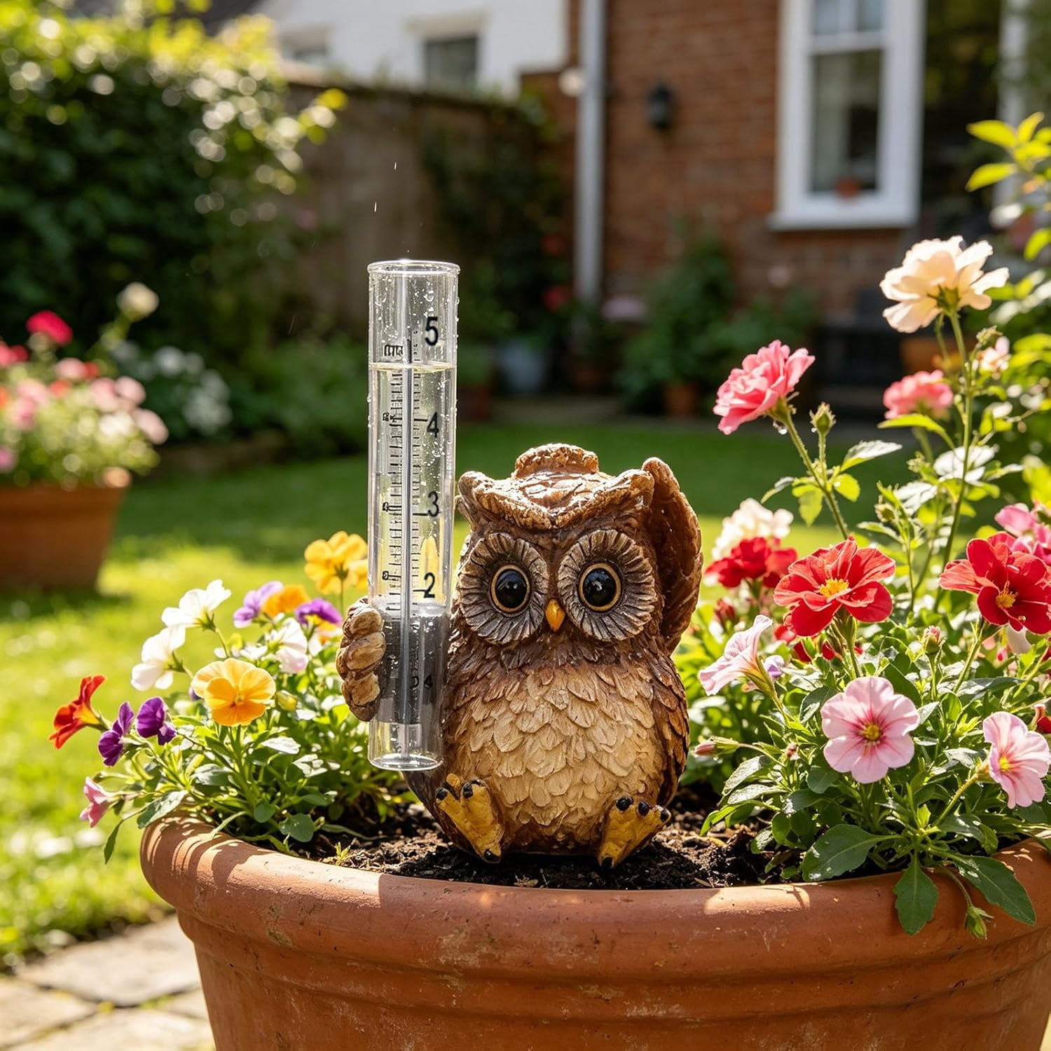 Cute Owl Resin Rain Gauge Outdoor Decor, Rainfall Measuring Tool with Scale Markings & Measuring Tube, Decorative Rain Gauge for Yard, Patio, Deck (Khaki)