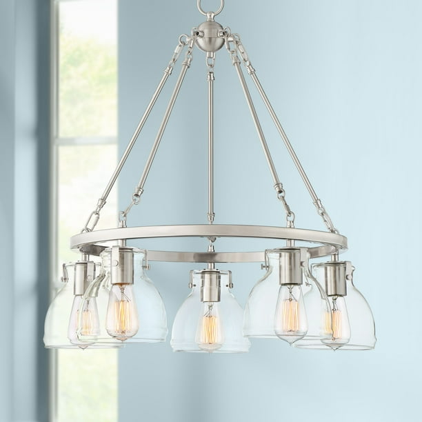 Possini Euro Design Brushed Nickel Wagon Wheel Pendant Chandelier 24 Wide Modern Clear Glass Shades 5 Light Fixture Dining Room Com Possini Euro Design Brushed Nickel, 5 Light Brushed Nickel Chandelier With Clear Glass Shades