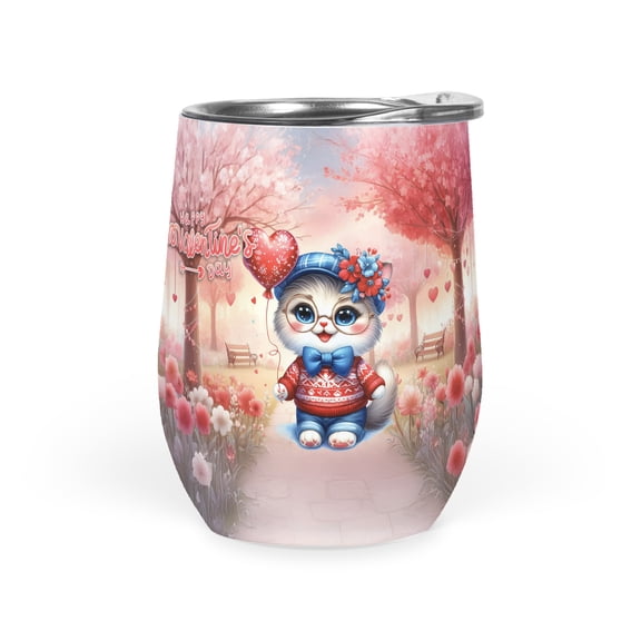 Happy Valentine’s Day Adorable Ragdoll Kitten Holding Heart Balloon 12oz Stainless Steel Wine Tumbler Insulated Cup with Lid Cat Lover Kitten Owner Gifts Idea - 00030