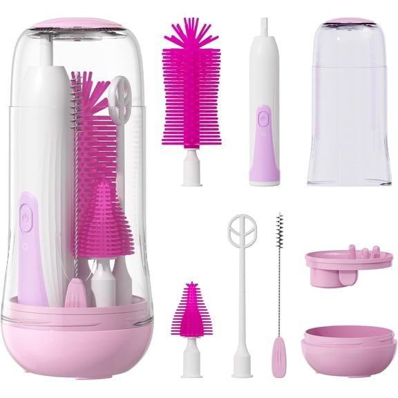 Electric Bottle Brush, Electric Baby Bottle Brush Set with Silicone Bottle/Pacifier/Straw Brush and Mixing Head, Waterproof Bottle Cleaner Brush with Drainage Rack- Purple