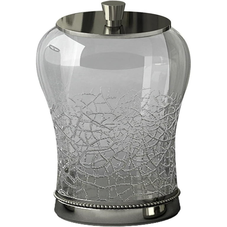 SET (3) HEAVY Crackle GLASS Silver METAL LID BATHROOM VANITY CANISTER JARS