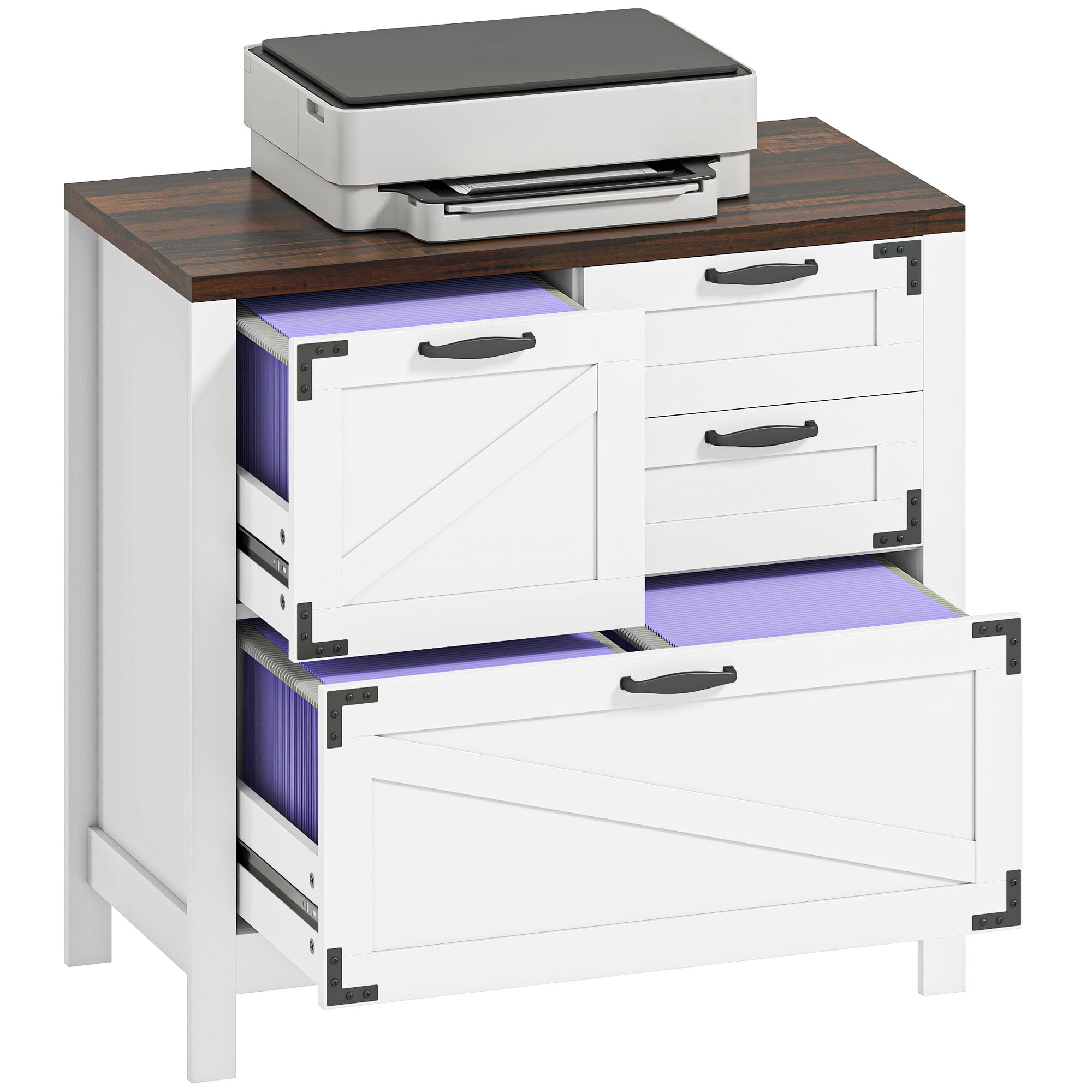 HOMCOM 4 Drawer File Cabinet, Farmhouse Lateral Filing Cabinet with Adjustable Hanging Rails for Letter/A4/Legal Size Files, Printer Stand, White