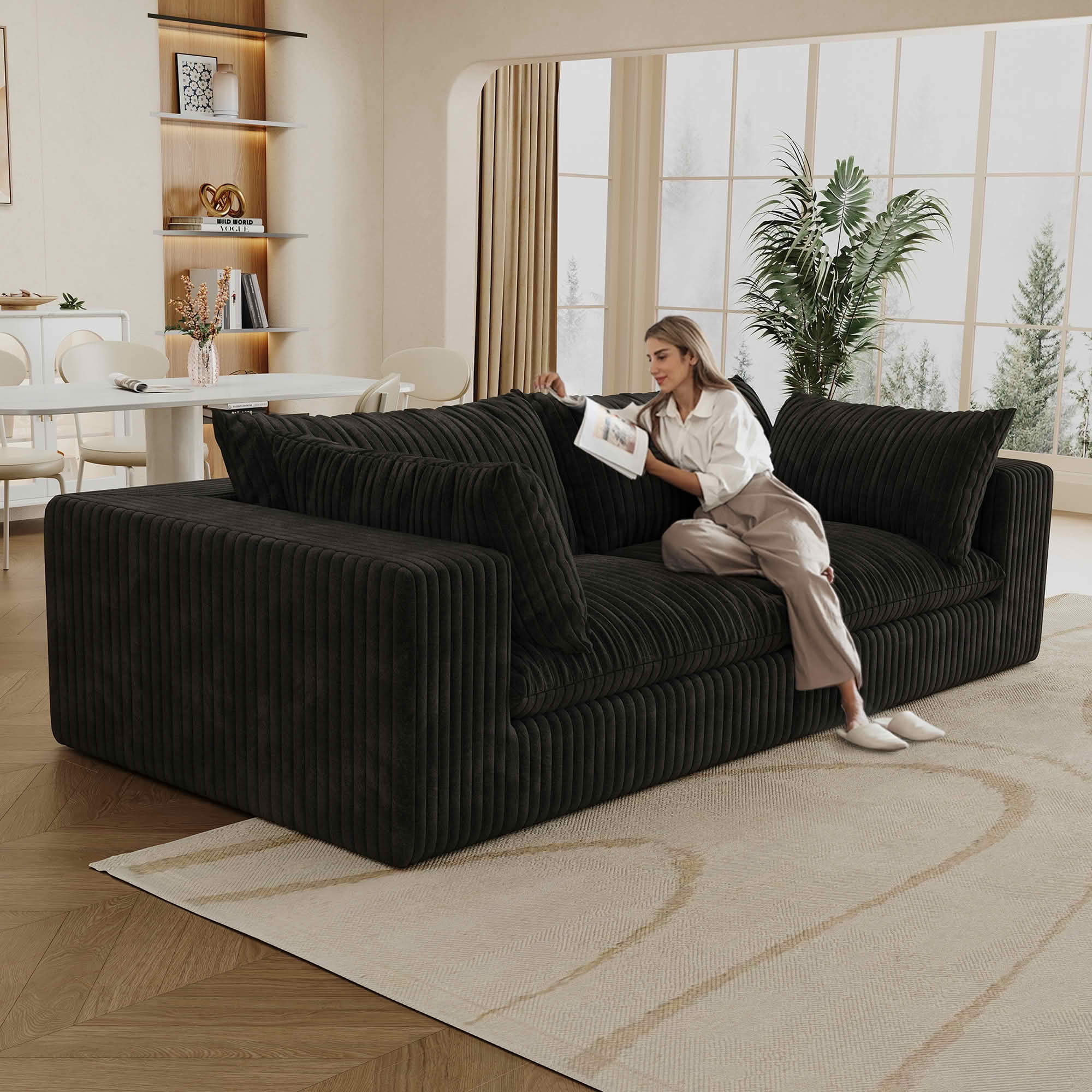 MAYEERTY 78.8" 2-Seat Corduroy Sofa, Feather-Filled Cushion Modular Design, Full Sponge Support No Wooden Frame, No Assembly, Black