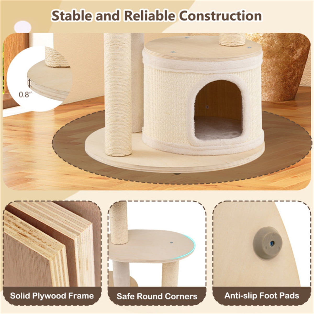 ZephyPaws 60in Tall Cat Tree for Indoor Cats,Wooden Cat Tree Tower with 2 Condo, Sisal Scratching Posts and Board,Top Perch and Basket,Beige