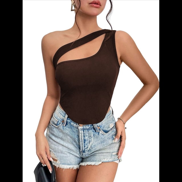 Sujetador Deportivo de un Solo Hombro para Mujer, Sin Mangas, para Entrenamiento, Yoga, Top Corto de Verano Sin Espalda Color Café S