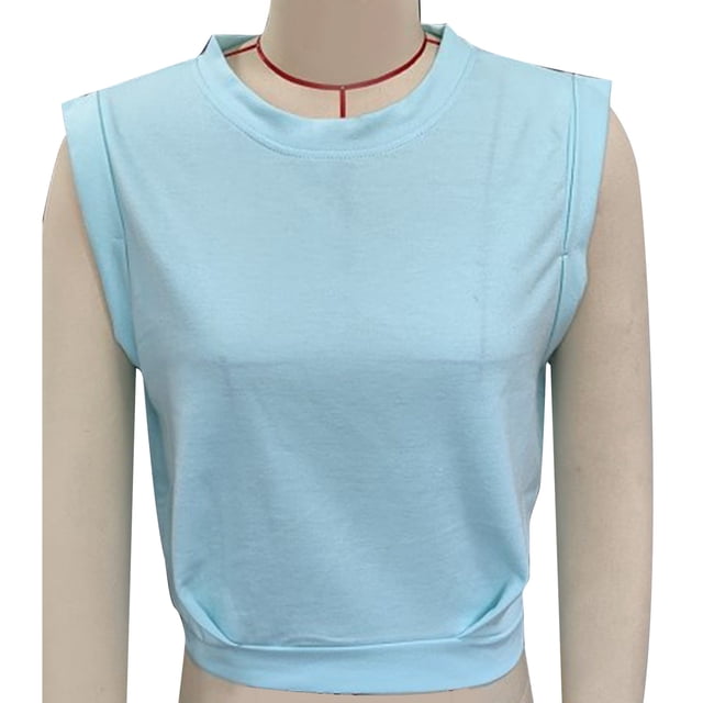 Blusa sin mangas con cuello redondo, cuello redondo, color liso, dobladillo elástico, blusa sin mangas para mujer, señora, azul cielo L