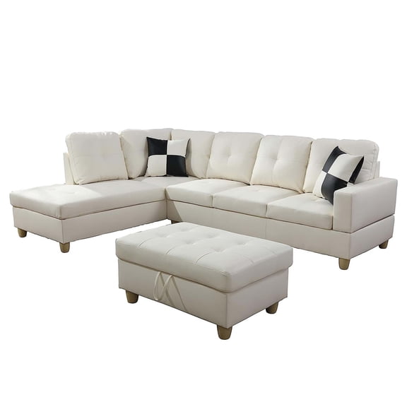 Momspeace Living Room Sectional Couch with Storage Ottoman, Modern PU Leather L-Shaped Sofa Couch Set - White