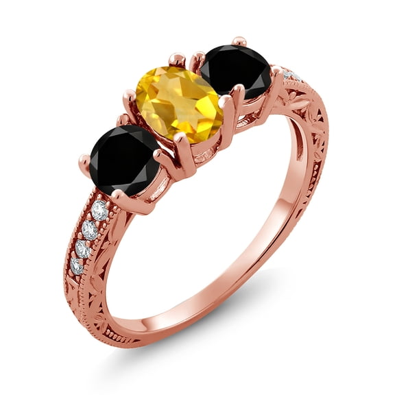 Gem Stone King 1.97 Ct Oval Yellow Citrine Black Diamond 18K Rose Gold Plated Silver Moissanite Ring (Size 6)