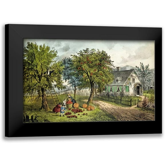 Currier and Ives 14x10 Black Modern Framed Museum Art Print Titled - American Homestead; Autumn