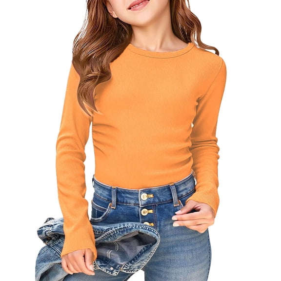 Uobin Kids Girls Long Sleeve Shirts Casual Crewneck Ribbed Knit Tops | Ruched Side Slim Fit Tee Shirt 5-14 Years,Soft Breathable Tee