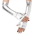 thumbnail image 3 of HEWUQI Women's Long Leather Fingerless Gloves Sleek Costume Accessory Themed Parties Events Arm Warmers silver, 3 of 3