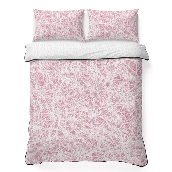 Quilts Twin Size Bedding Set, Spring Pink Cobweb Lightweight Quilted Comforter, Abstract Boho Farmhouse Lines Soft Reversible Bedspread Coverlet with Pillow Covers for All Season, 68" x 86"