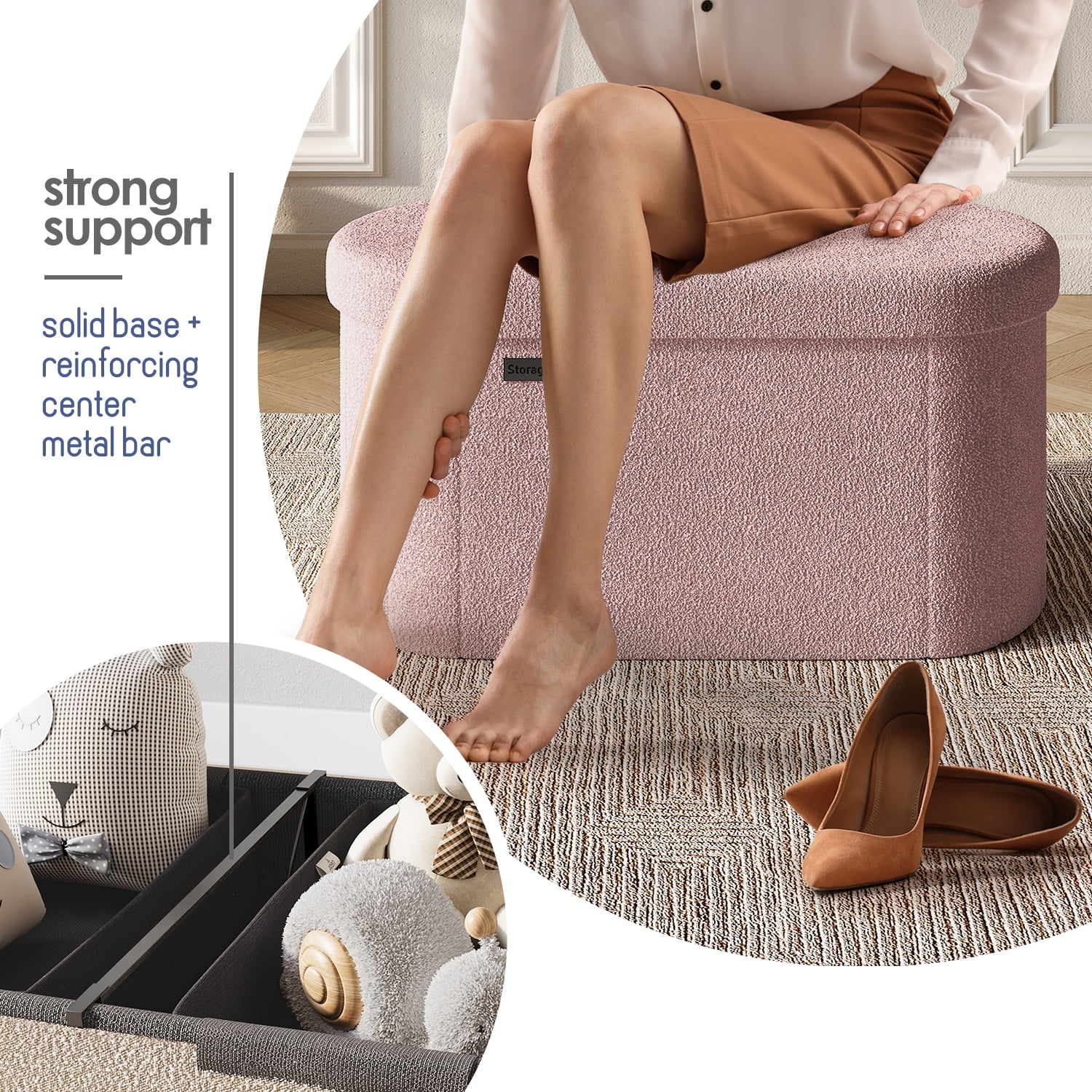 Hearth & Harbor Oval Storage Ottoman Bench, Boucle 30" Ottoman with Storage , Pink