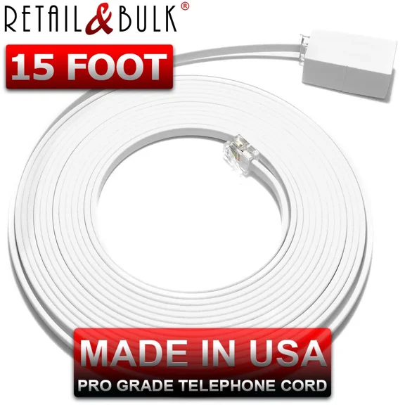 15 Feet Phone Line Extension Cord For Landline Telephones • Higrade • Made In Us