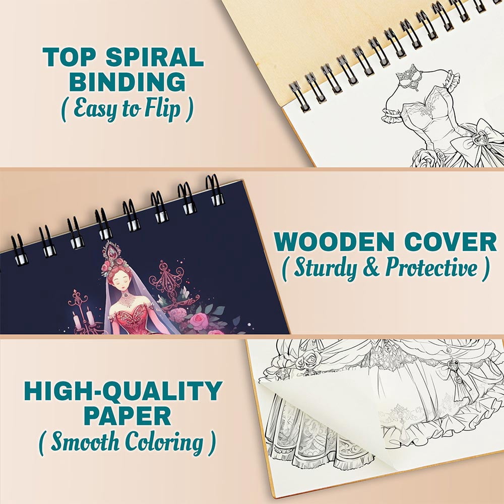 Netecom Dresses Coloring Book Spiral Bound For Adults, A5 Wooden Cover, 30 Elegant Coloring Pages of Vintage Gowns for Stress Relief and Relaxation