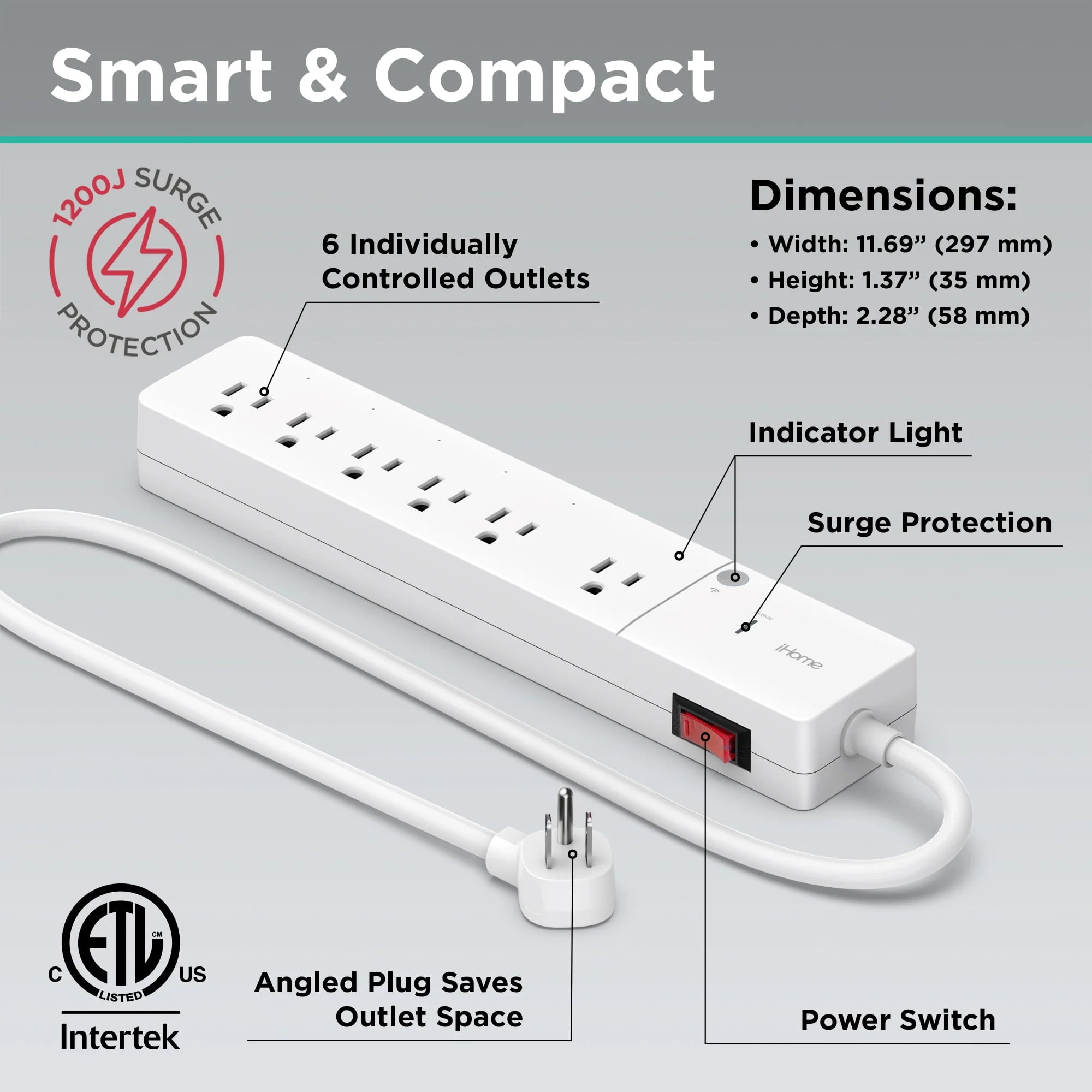 iHome IH-SW007-199 Flow 3 ft. 6-Outlets Smart Surge Protector 