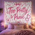 thumbnail image 2 of "Too Pretty to Panic" Watercolor Script on White with Pink Bows and Hearts, Whimsical Illustration for Teen Girls, Inspirational Wall Art, Birthday Gift Tapestry Wall Hanging for Bedroom and Dorm, 2 of 7