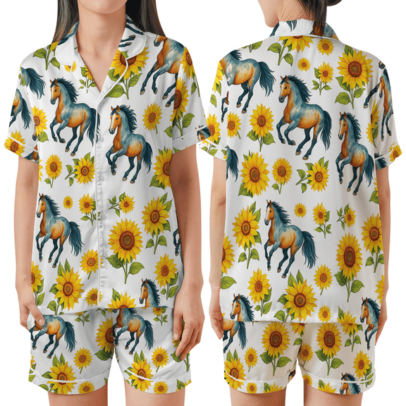 Sunflower Horse Satin Pajama Set, Floral Horse Print Sleepwear, Nightwear Gift for Horse Lovers, Christmas, Valentine’s Day & Birthday