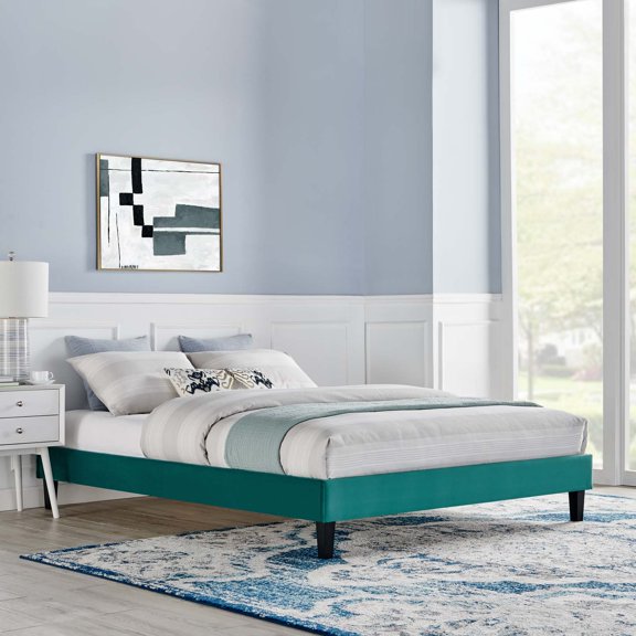 Modway Reign Queen Performance Velvet Platform Bed Frame in Teal