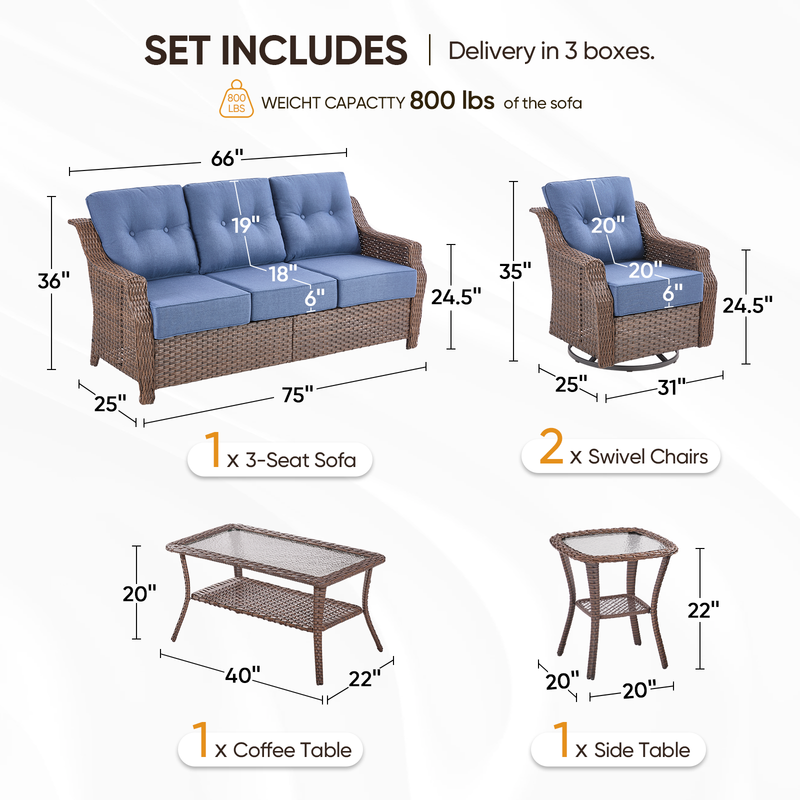 PARKWELL 5 Pieces Outdoor Patio Furniture Set,Luxury 6" Thick Conversation Set with Swivel Glider Chairs,All-Weather Seating Furniture Set for Backyard Deck, Brown/Navy