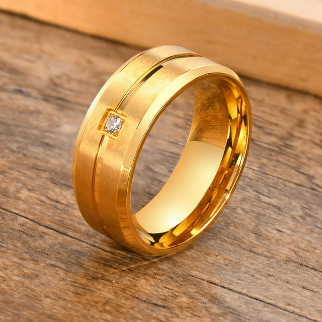 Bague de Mariage pour Hommes 8mm, Bague Solitaire en Pierre AAA CZ, Bague Ligne Rainurée en Acier Inoxydable Mat, Bague de Marié Décontractée Simple Or 8