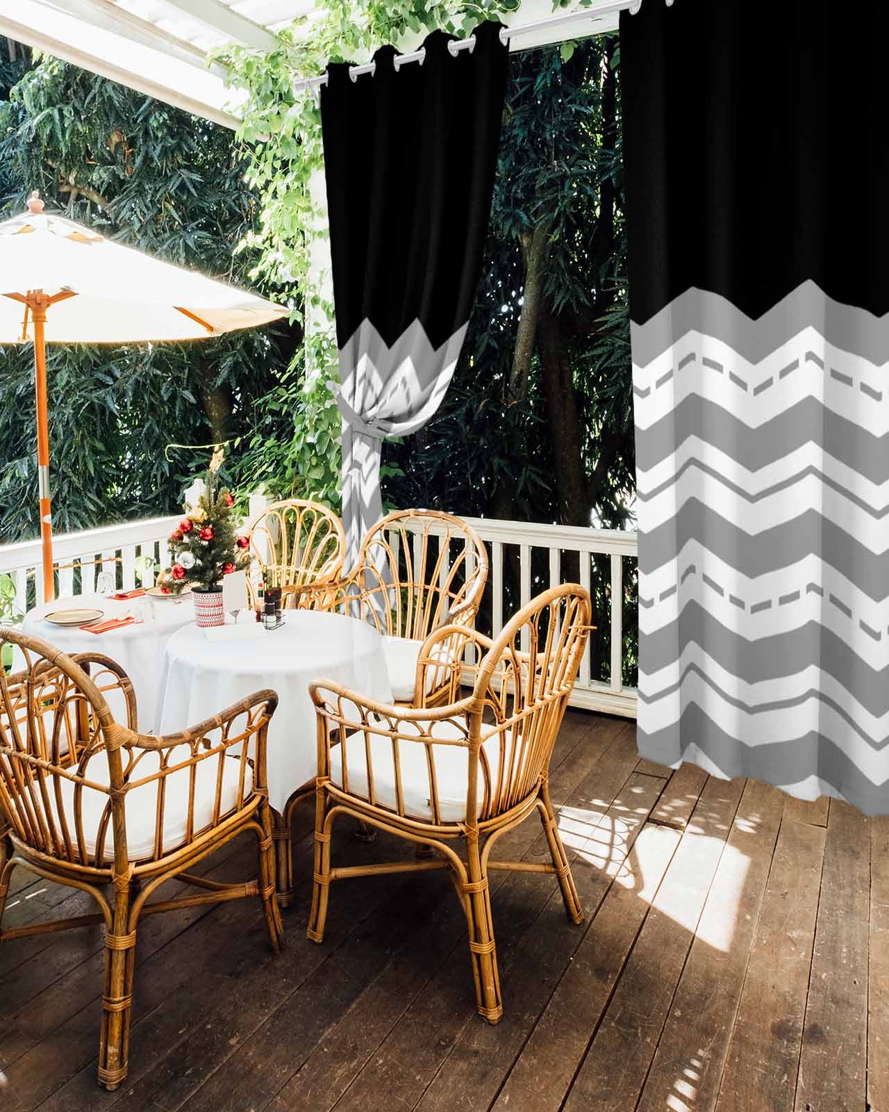 Black Grey Outdoor Curtains for Patio, Geometric Chevron Print Wavy Striped White Privacy Drapes Grommet Waterproof Outside Curtains for Porch/Cabana/Balcony 54"x 95", 2 Panel