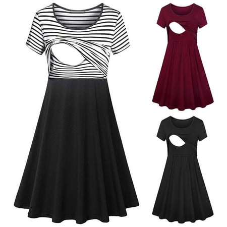 

Tejiojio Maternity/Labor/Nursing Clothing Clearance Fashion Solid Stripe Breast-Feeding Pregnant Woman Maternity Nursing Dress