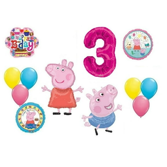 Peppa the Pig and George 3rd Happy Birthday Flower Cake 12 Piece Party Balloons Set Bouquet