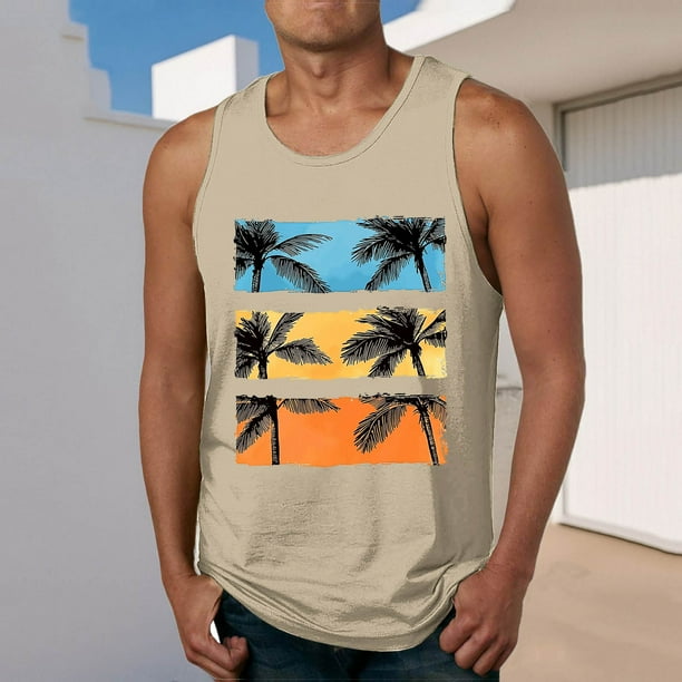Camiseta sin mangas de cuello redondo para hombre, estampada, informal, deportiva, elástica, de moda, de poliéster.