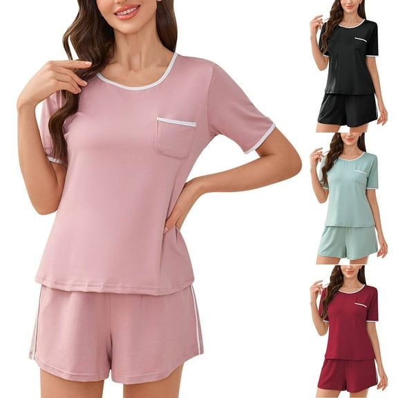 FRSASU Women Nightwear Short Sleeve Shirt and Shorts Pajama Set Round Neck Casual Home Wear Sleepwear Red