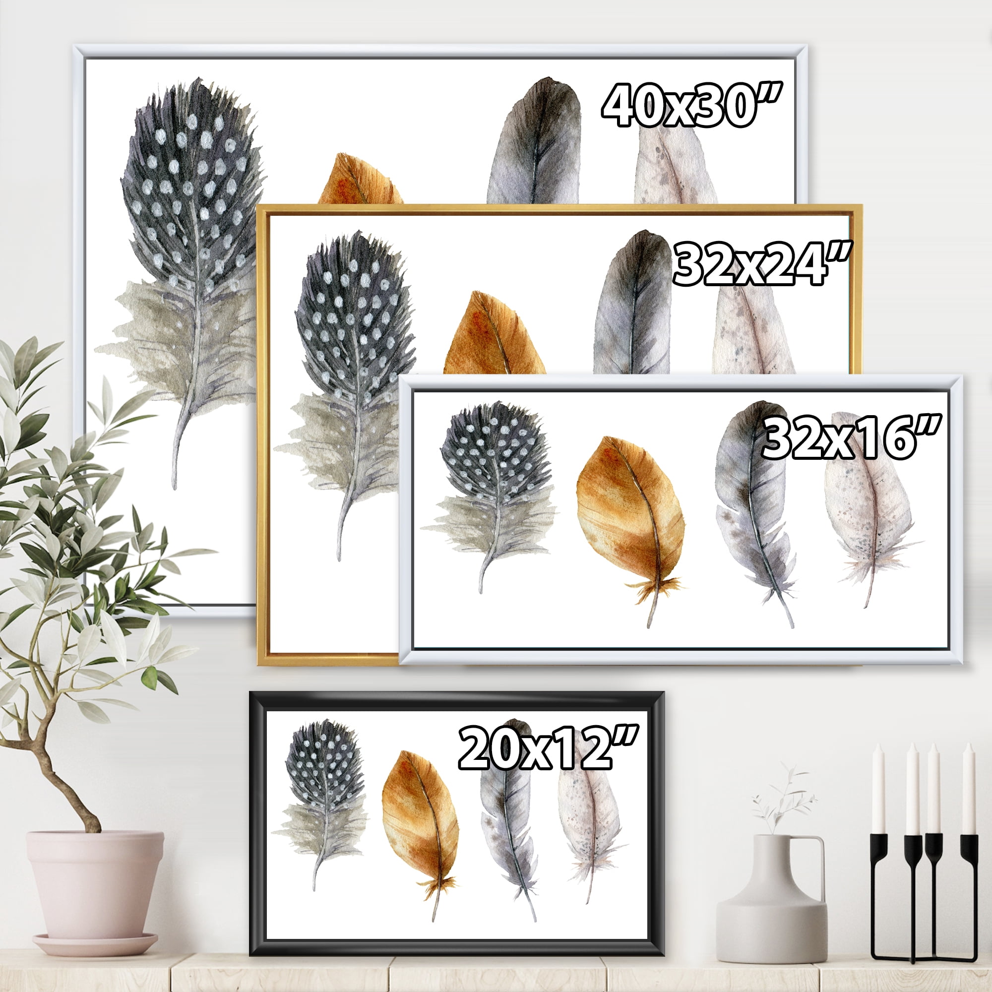 Designart 'Boho Feather In Blue and Orange Striped & Polka Dost' Bohemian & Eclectic Framed Canvas Wall Art Print