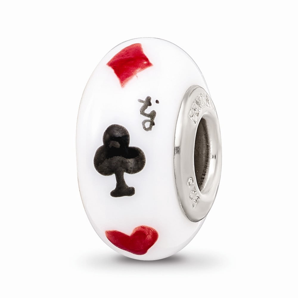 Ster.Silver Reflections White Hand Painted Lucky Suit Fenton Glass Bead; for Adults and Teens; for Women and Men