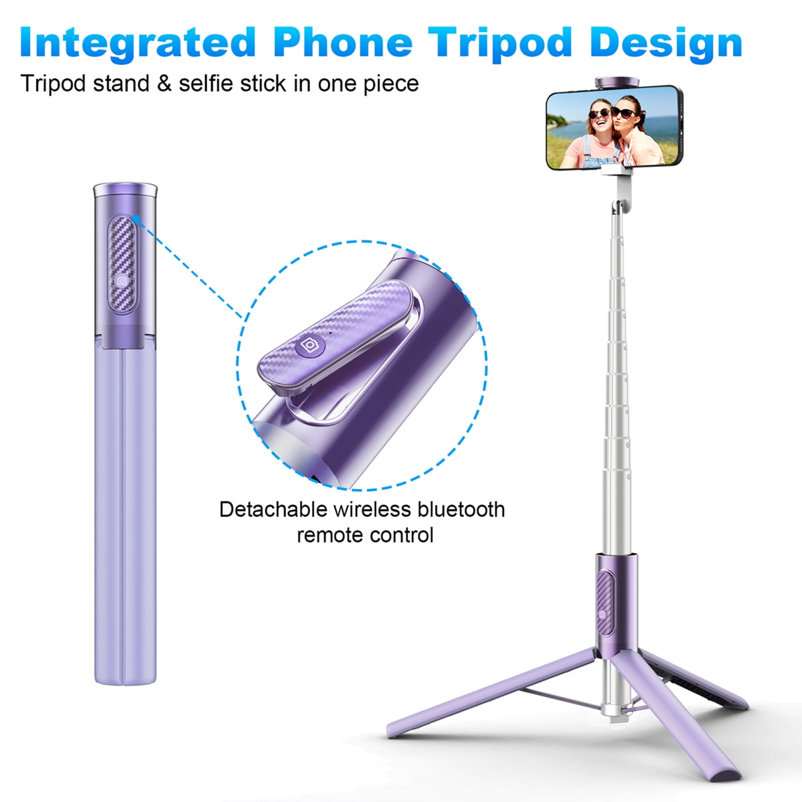 TONEOF 60in Phone Selfie Stick Tripod with Remote,  Travel Tripod Stand Portable for iPhone and Android（Purple）