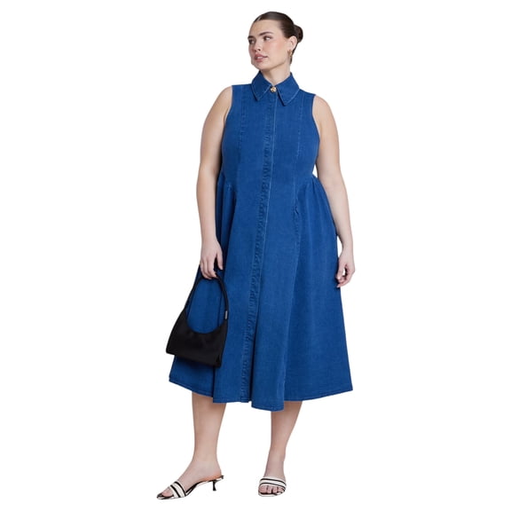 ELOQUII Women's Plus Size Sleeveless Denim Button Detail Dress
