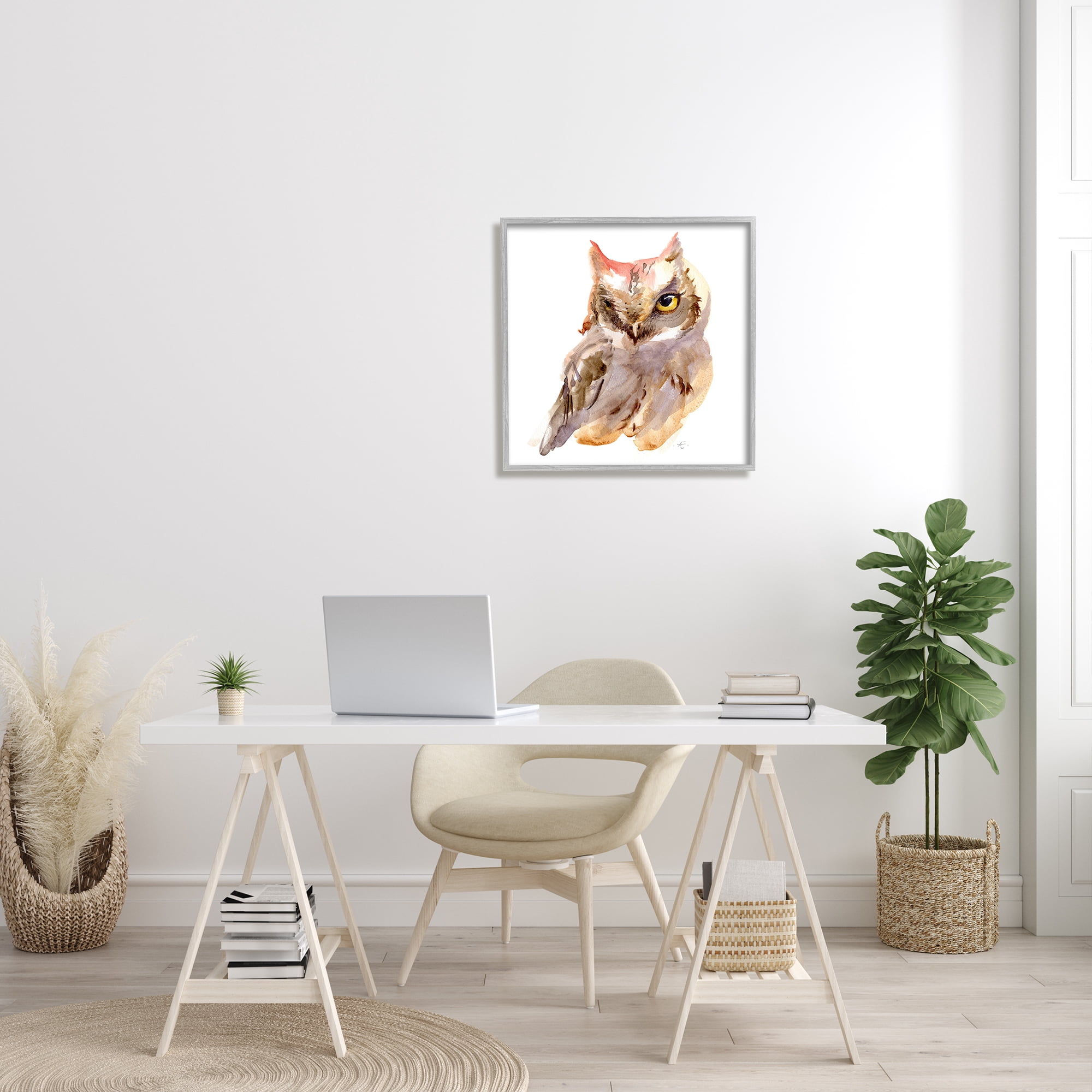 Stupell Industries Brown Horned Owl Eye Wink Minimal Bird Animals & Insects Painting Gray Framed Art Print Wall Art, 24 x 24