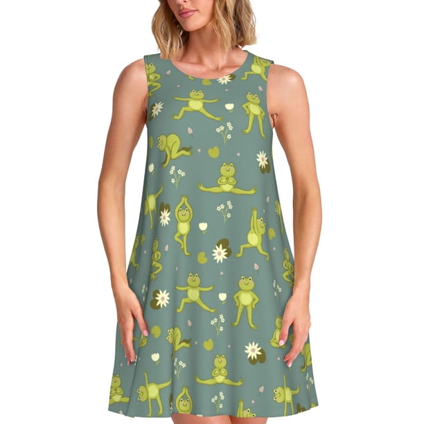 Fotbe Cute Yoga Frogs Vestido de Verano sin Mangas para Mujer – Vestido Midi Línea A, Estilo Camiseta Floral, Vestido Playero Casual y Fluido