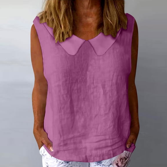 Dianli Gifts Tops Tees Doll Collar Sleeveless Cotton Linen V-Neck Tunic Top Solid Color Lightweight Breathable Casual Layering Summer Work Weekend Wear Ladies Camisole Tank Top Beach Tunic