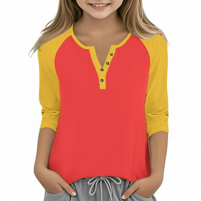 Cowsor Girl's Casual 3/4 Sleeve T Shirts Button V Neck Tunic Blouses Color Block Basic Tee Tops Loose Fit Summer Shirt