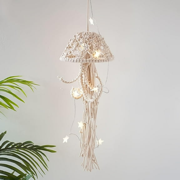 BYVUTE Jellyfish Wall Hanging, Art Decor Handmade Woven Boho Ornament Ocean Fish Wall Tapestry Macrame Hanger, for Office Bedroom Apartment Living Room Nursery Gallery (White)