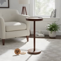 Small Round Accent Table with Phone Holder & Coasters - Natural Wood Finish