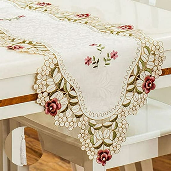 XmhyTop 15 Inch X 86 Inch Classic Table Runner, Flowers Embroidered Lace Beige Floral Washable Dresser Scarf Table Top Dinning Decoration - Red Rose