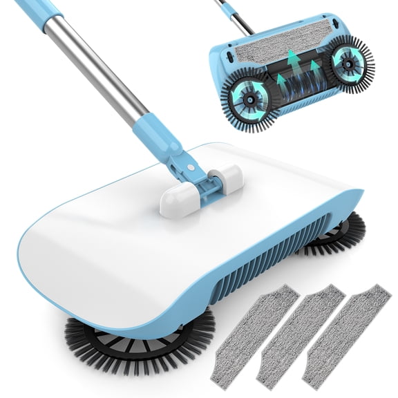 PHANCIR Spin Broom, Hand Push Sweeper, Non Electric Brooms/Mop/Dust Pan 3-in-1for Cleaning Hair, Fruit Shell, Dust, Blue
