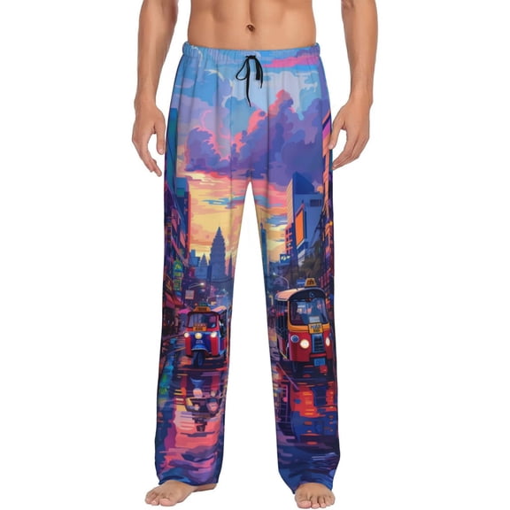 Logiee Taxi Colorful Town Print Pajama Pants for Men,Men’s Pajama Bottoms,Mens PJ Pants with Pockets & Button Fly-Small