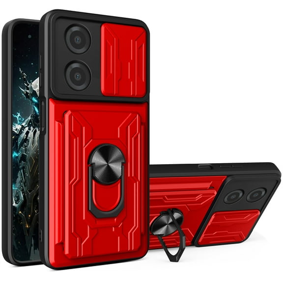 CCSmall for Motorola Moto E13 4G Case with Slide Camera Cover, Heavy Duty Protective with Ring Kickstand & Card Holder Cell Phone Case for Motorola E13 4G LJK Red