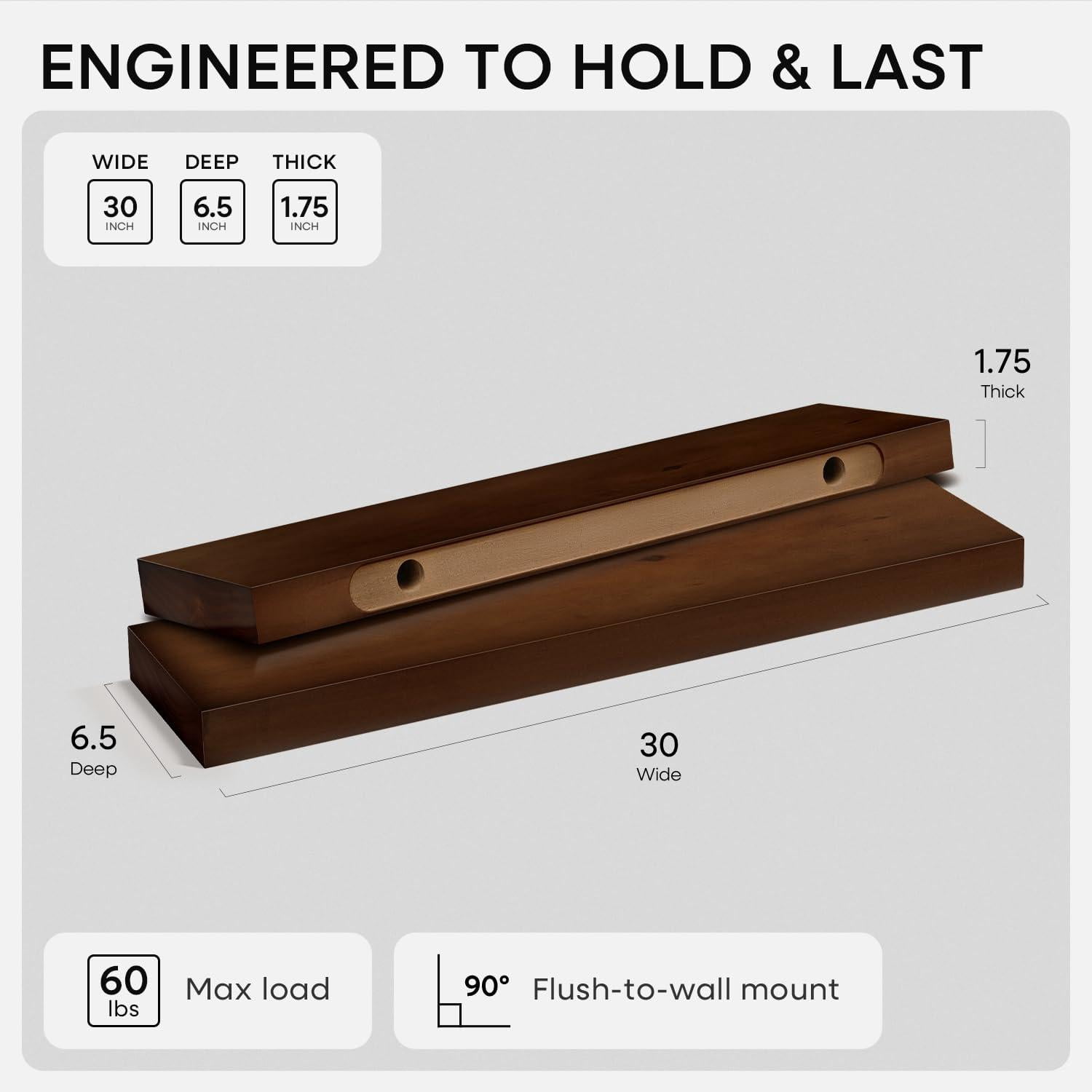 30inch Walnut Floating Shelves For Wall Mounted  High End Solid Real Wood 30 In Shelf Dark Brown Wooden 30 Inch Long Heavy Duty Bracket 30 X 6.5 1.75 Set Of 2