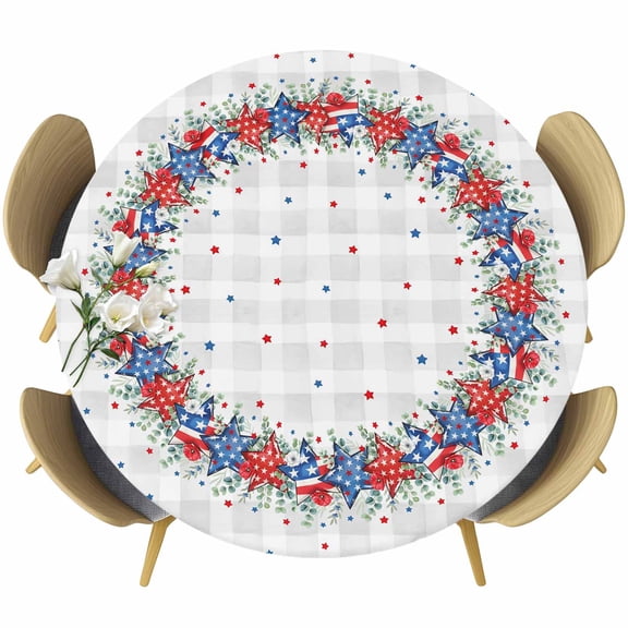 4th of July Round Tablecloth, Fitted Table Cover with Elastic for 36"-44" Round Tables, Blue Red Independence Day Table Cloth Outdoor Indoor Dinning Party Waterproof Tablecloths